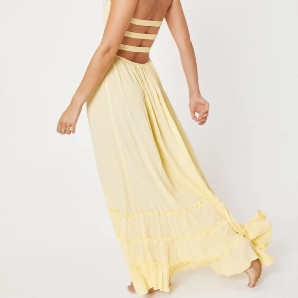 Lemon Yellow Shirred Strappy Back Maxi Beach Cover Up Dress - Picture 2 of 3